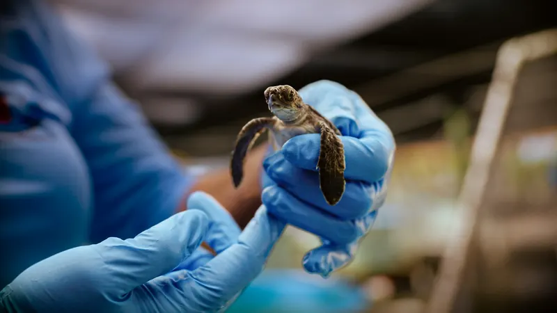 Tortuga examinada con guantes clínicos